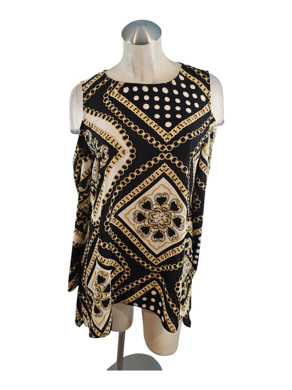 Chico's Black & Gold Medallion Cold-Shoulder Tunic Size 1 M